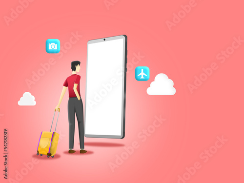 Travel concept. young man wearing a red shirt with black pants and luggage Standing at the phone to check. Traveling, Illustration 3D for content. Travel lifestyle, using mobile phone to find date