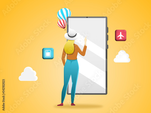 Travel concept. young woman wearing a white hat and a dress shirt and pants is standing and dialing the phone to check the trip, 3D illustration for content. Travel lifestyle, using mobile phone 