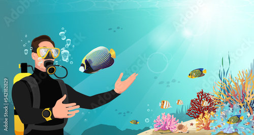 Diver in wetsuit with scuba diving equipment swims near beautiful coral reef and exotic colorful fish. Biologist under water on deep seabed. Travel sport, hobby diving club banner. Vector illustration