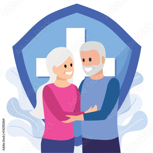 Happy elderly couple good life insurance. Senior Citizen Health Insurance plan or medical insurance policy, medical coverage offer for parents grandparents banner, flyer, landing page. 