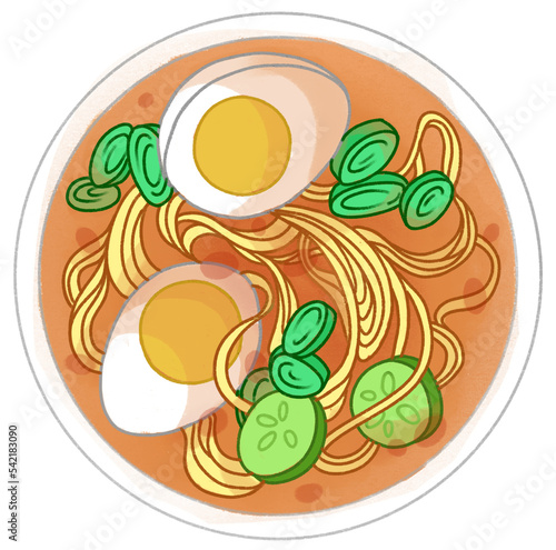 ramen soup with cucumber, egg and onion noodles
