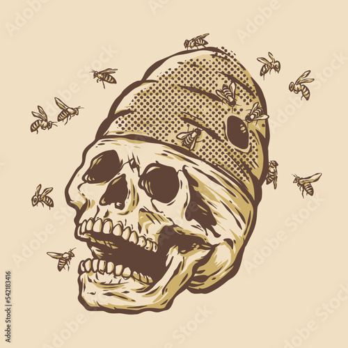 Skull with Hive and Bees, Vector Illustration 