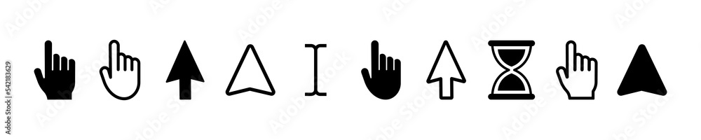 Set of computer cursor vector icons. Computer mouse, arrow, hourglass and finger. Vector 10 Eps. Set of computer cursor vector icons. Computer mouse, arrow, hourglass and finger. Vector 10 Eps.