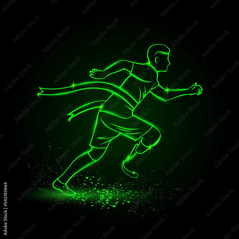 Green neon sprinter with prosthesis finishes. Vector neon linear sport banner with running man and finishing tape.