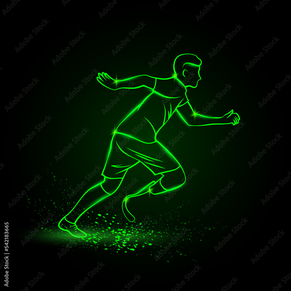 Green neon sprinter with prosthesis. Vector neon linear sport banner with running man.