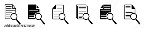Search document vector icons set. Find file. Scrutiny or research document. Review and study file. 