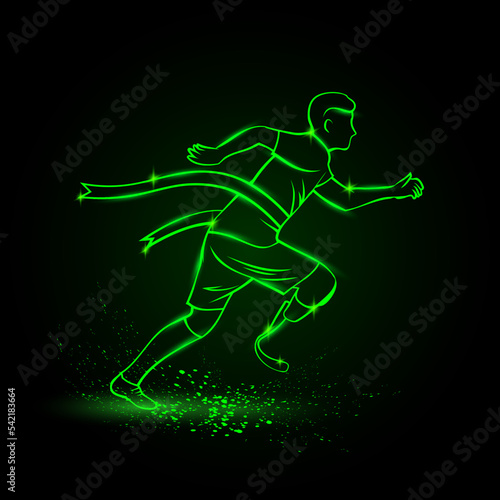 Green neon sprinter with prosthesis finishes. Vector neon linear sport banner with running man and finishing tape.