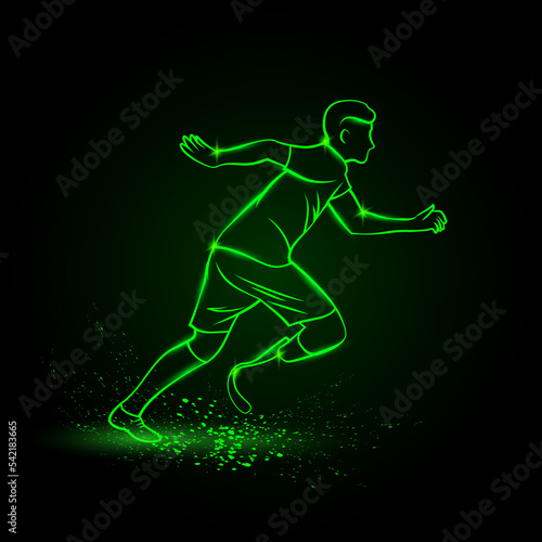 Green neon sprinter with prosthesis. Vector neon linear sport banner with running man.