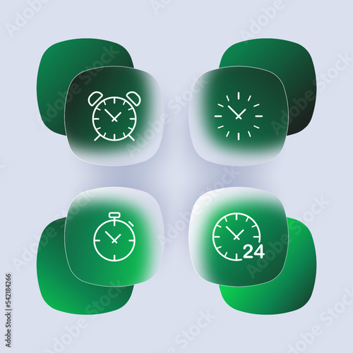 Time set icon. Watch, around the clock, wall clock, hourglass, alarm clock, reminder, stopwatch. Time management concept. Glassmorphism style. Vector line icon