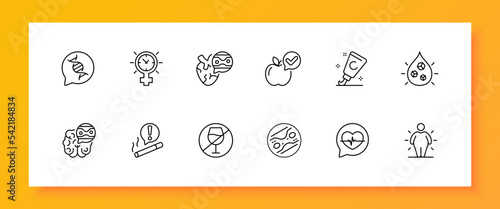 Healthy lifestyle set icon . Cigarettes, alcohol, smoking, blood clots, dna, sugar, diabetes, cirrhosis, obesity, pulse, harm to health. Healthcare concept. Vector black set icon on a white background