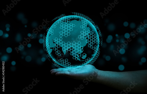 globe network hologram blue planet earth one hand hold earth photo