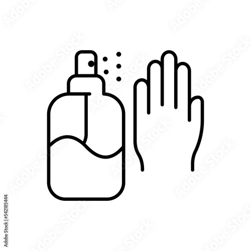 Dispenser with hand line icon. Liquid soap, sanitizer, antiseptic, wash hands, spray, personal hygiene, quarantine, coronavirus, distancing. Health care concept. Vector black line icon