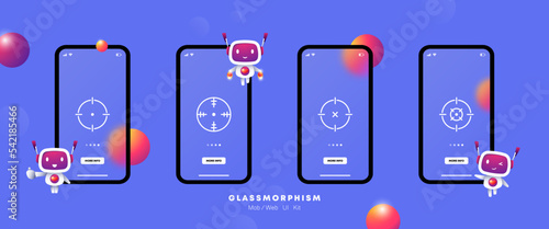Target audience set icom. Aim, mailing, spam, magnifying glass, analytics, tracking. Contextual advertising concept. Ui phone app screen. Glassmorphism style. Vector black line icon