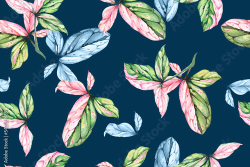 Seamless pattern of leaves paint and syngonium with watercolo.For designing fabric patterns and wallpaper.Tropical botanical forest background.Leaves overlap in natural pattern. photo