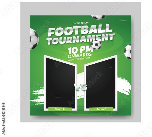 Soccer game promotional social media post template illustration. Football match invitation square flyer design.