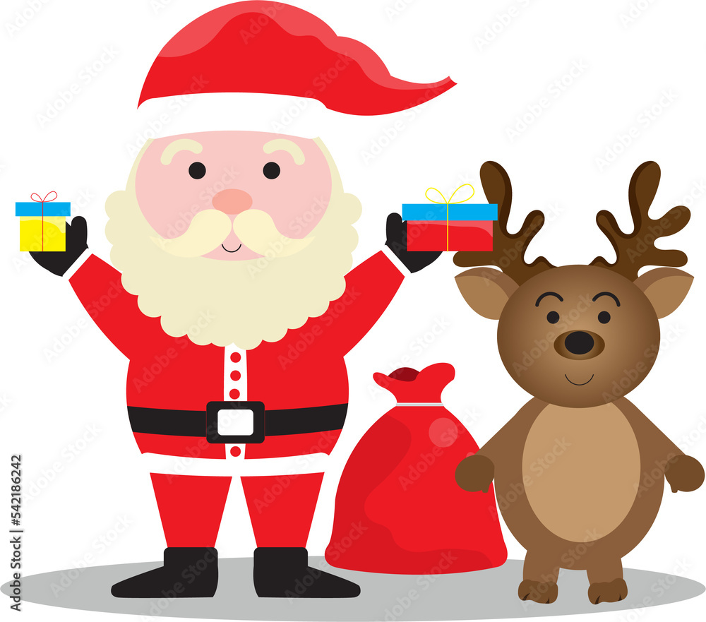 uncle santa claus holding gift boxes and red bags brown deer uncle santa claus holding gift boxes and red bags brown deer