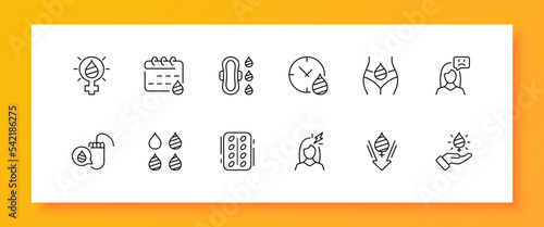 Period set icon. Critical days, blood, tampon, pads, calendar, uterus, menstruation, periodicity, pills, headache, migraine, vagina, menstrual cup, ovulation. Monthlies concept. Vector line icon