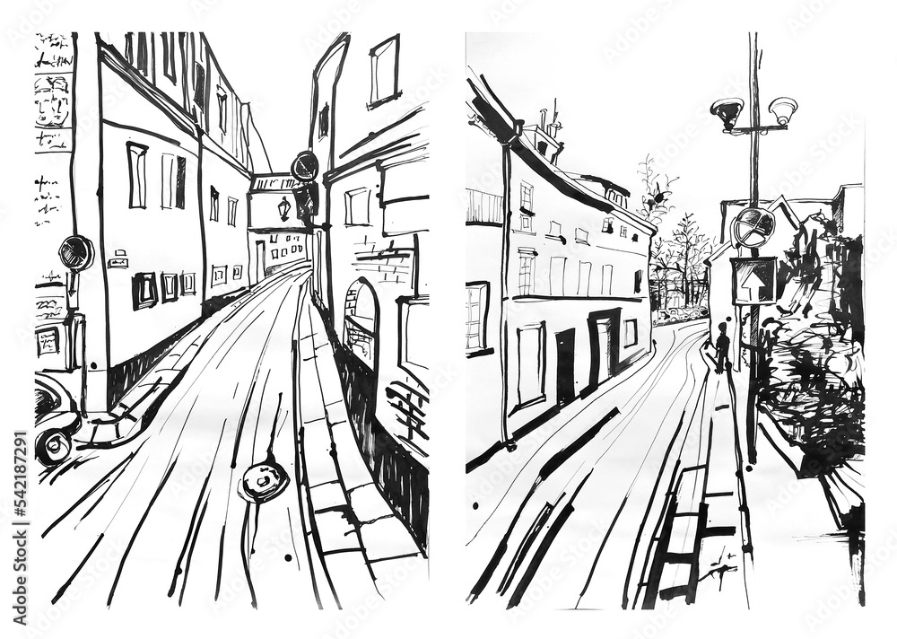 Fototapeta premium Pictures is drawn with ink. Set or collection. City street. Road and buildings. Black and white colors. Art or picture hand drawn. Abstract and minimalistic style.