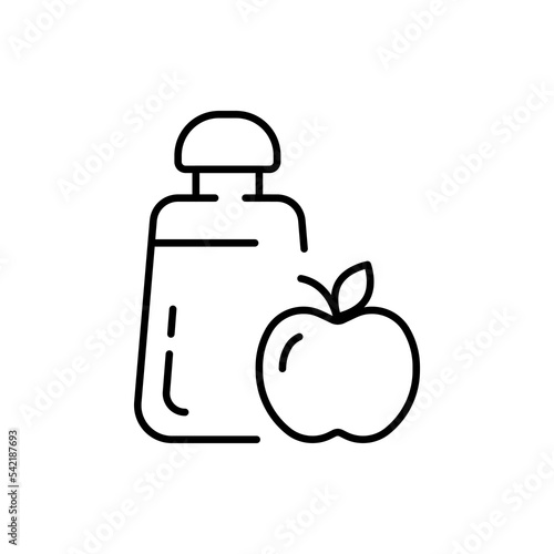Salt shaker with apple line icon. Sugar, Sweetness, sugar cubes, tea, saucepan, cup, diabetes, sugar bowl, flour. Dessert concept. Vector black line icon on a white background