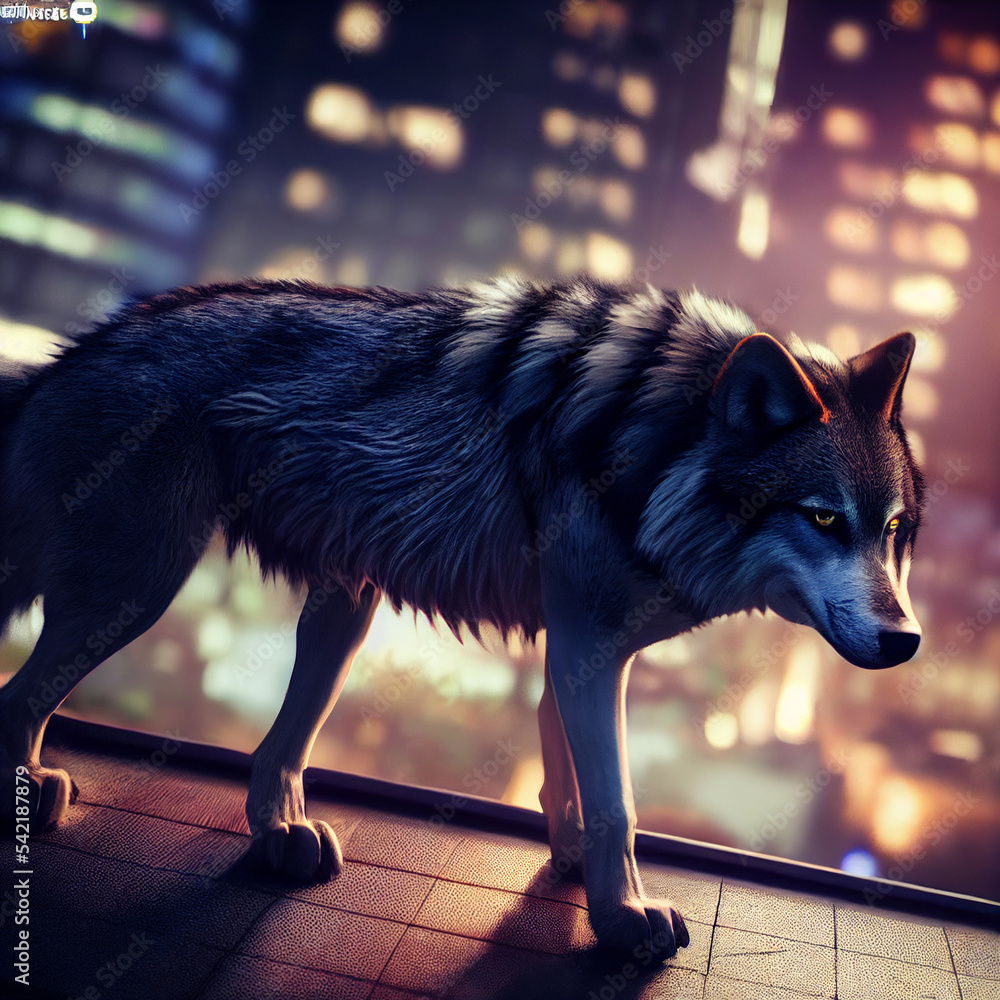 A beautiful wolf hunting prey. Dangerous animal in the city. A lone