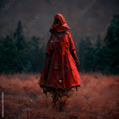 Fotografiet Red coat in the middle forest