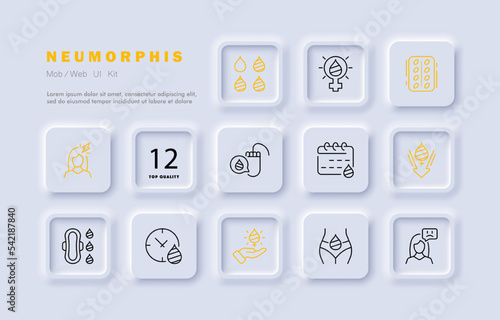 Period set icon. Critical days, blood, tampon, pads, calendar, uterus, menstruation, periodicity, pills, headache, migraine, vagina, menstrual cup, ovulation. Monthlies concept. Neomorphism