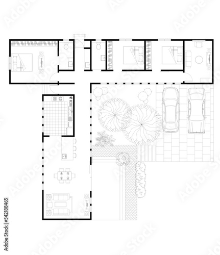 2D CAD single-story house layout plan drawing with 3 bedrooms complete with 2 bathrooms, furniture and kitchen. Porch for 2 cars and attractive landscape. Drawing produced in black and white. 