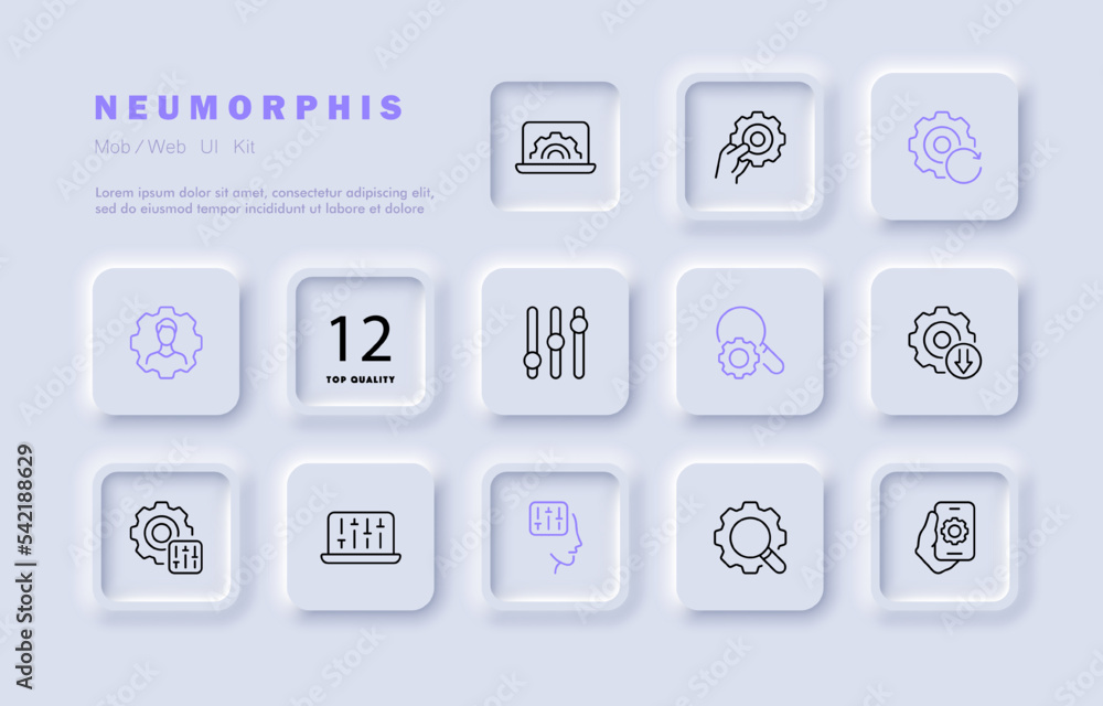 Setting line icon. Gear, setup, worker, learning, pump your brain, configuration, slider, magnifier, directory, association. Infographic concept. Neomorphism style. Vector line icon for Business