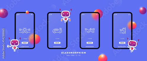 Car accidents set icon. Falling tree, fall off a cliff, overturned car, collision, dent, hood, fire, distance, tire burst, crash, overheating, concrete slab. Road traffic concept. Glassmorphism