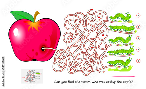 Best labyrinths. Can you find the worm who was eating the apple? Logic puzzle game. Brain teaser book with maze. Kids activity sheet. Educational page for children. Play online. Vector illustration.
