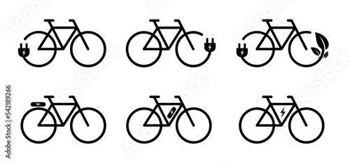 Electric bike. Cartoon charging point cable battery station for an electric ebike e bike. Bicycle, charge, plug and bio, eco green power. Vector sport symbol or logo. cyclist riding. City e-bike.
