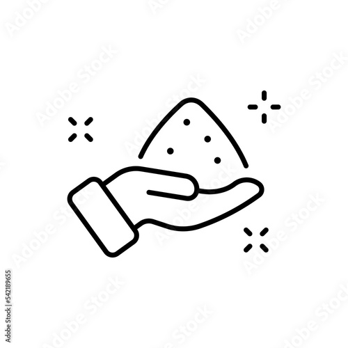 Handful of sugar in hand line icon. Sweetness, sugar, sweeten, dietary, tea, coffee, high quality, cooking, food. Dessert concept. Vector black line icon on a white background