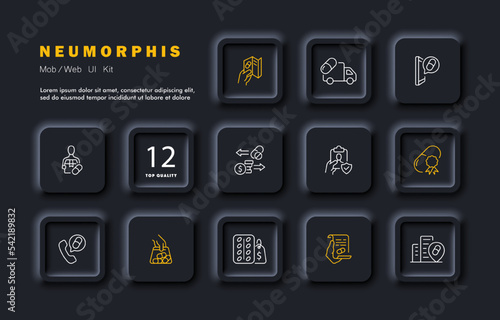 Delivery of medicines set icon. Volunteers, helping the needy, pills, disabled person, hospital, package, online prescription, order at the pharmacy. Healthcare concept. Neomorphism. Vector line icon