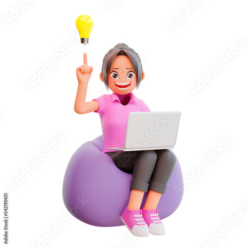 3d illustration cute girl holding laptop get an idea 
