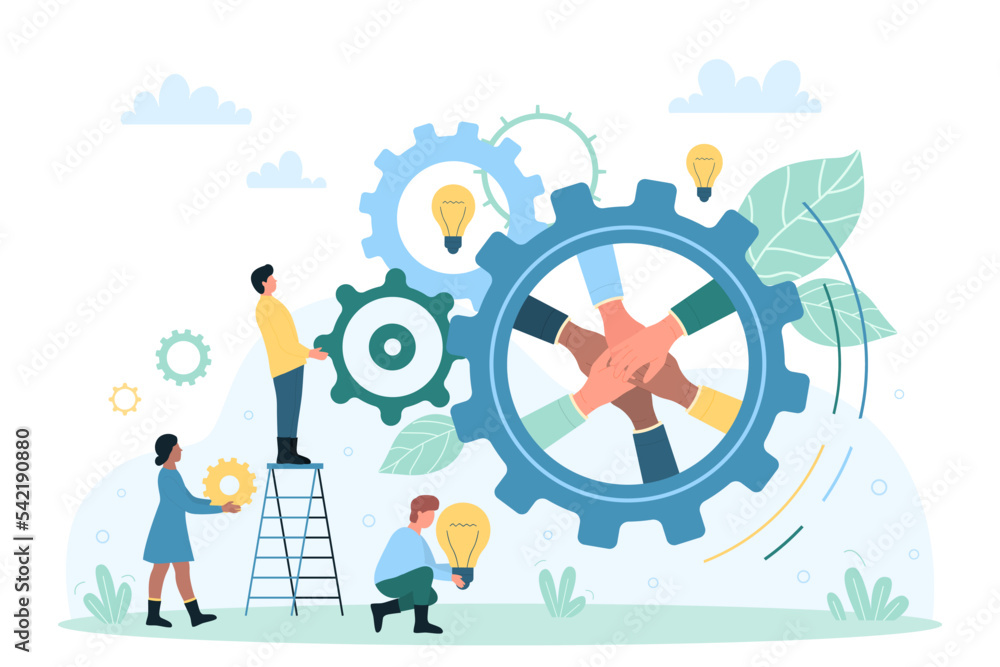 Effective cooperation of strong dedicated team, enterprise development and teamwork vector illustration. Cartoon tiny people holding light bulbs and working with moving gears, collaboration of workers Effective cooperation of strong dedicated team, enterprise development and teamwork vector illustration. Cartoon tiny people holding light bulbs and working with moving gears, collaboration of workers