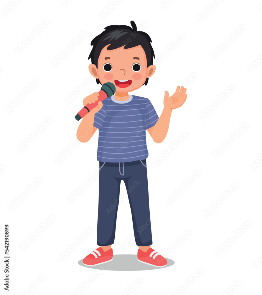Cute little boy holding talking with microphone doing public speaking Cute little boy holding talking with microphone doing public speaking