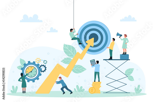 Target hitting accuracy, incentive to business progress and development vector illustration. Cartoon tiny people achieve goal in team, teamwork of employees research direction of arrow in bullseye photo
