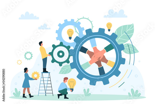 Effective cooperation of strong dedicated team, enterprise development and teamwork vector illustration. Cartoon tiny people holding light bulbs and working with moving gears, collaboration of workers