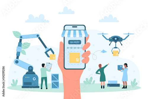 Smart delivery service vector illustration. Cartoon hand with phone tracking package transfer, tiny people with checklist and machines work in warehouse, drone and robot arms unloading boxes