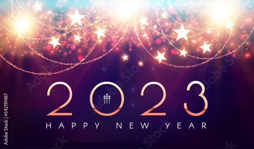 Print op canvas Happy new 2023 year Elegant gold text with fireworks and light effects