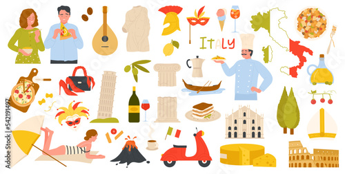 Travel to Italy set vector illustration. Cartoon isolated Italian symbols, landmarks and food collection with red wine bottle and pasta, pizza and gondola from Venice, tiramisu and carnival mask