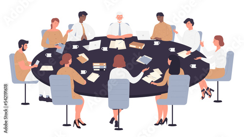 Work meeting, business negotiation, conference, group discussion. Politicians, directors or corporate leaders people negotiate, sitting round table discussing ideas vector illustration.