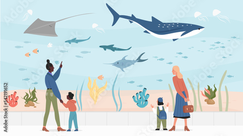 Children in oceanarium flat vector illustration. People visitors watching underwater scenery with sea animals in oceanarium. Underwater fish, aquarium and marine flora and fauna