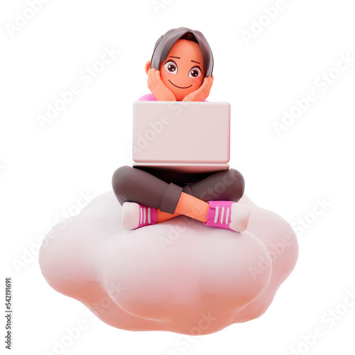 3d render Happy cheerful cute girl child having fun spend summer holidays away from school, sits crossed legs using laptop, excited studying at home with e-learning program