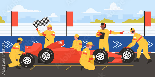 Car repair at sport races by professional team of mechanics in uniform vector illustration. Cartoon workers of technical maintenance crew with equipment change tires of red fast automobile on track
