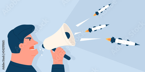 War and hate ropaganda concept. Cartoon man propagandist agitator shouting into megaphone, rockets with bomb flying out of loudspeaker vector illustrator.