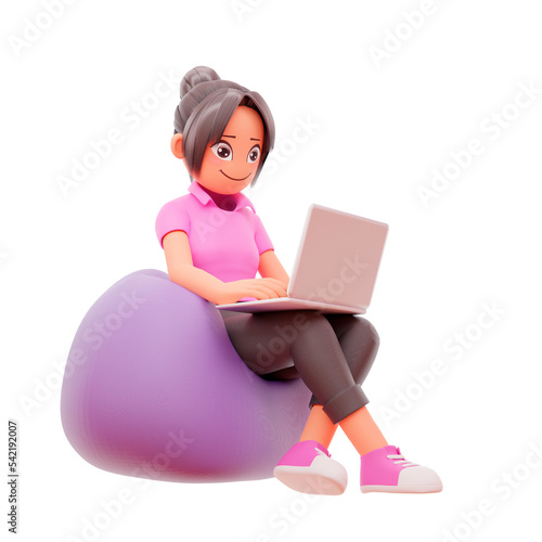 3d render cute girl sit crossed legs hold laptop studying at home excited learn new information studying via internet contact language teacher videocall lesson