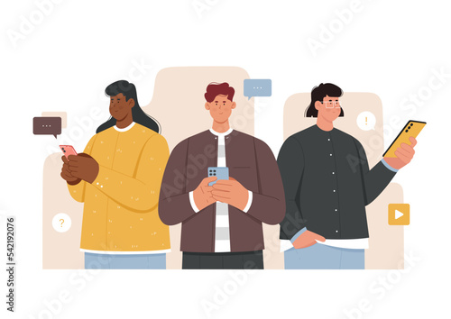 Online addiction of people with smartphones vector illustration. Cartoon crowd of young characters using modern phones to scroll news and messages in social media, speech bubbles from friends
