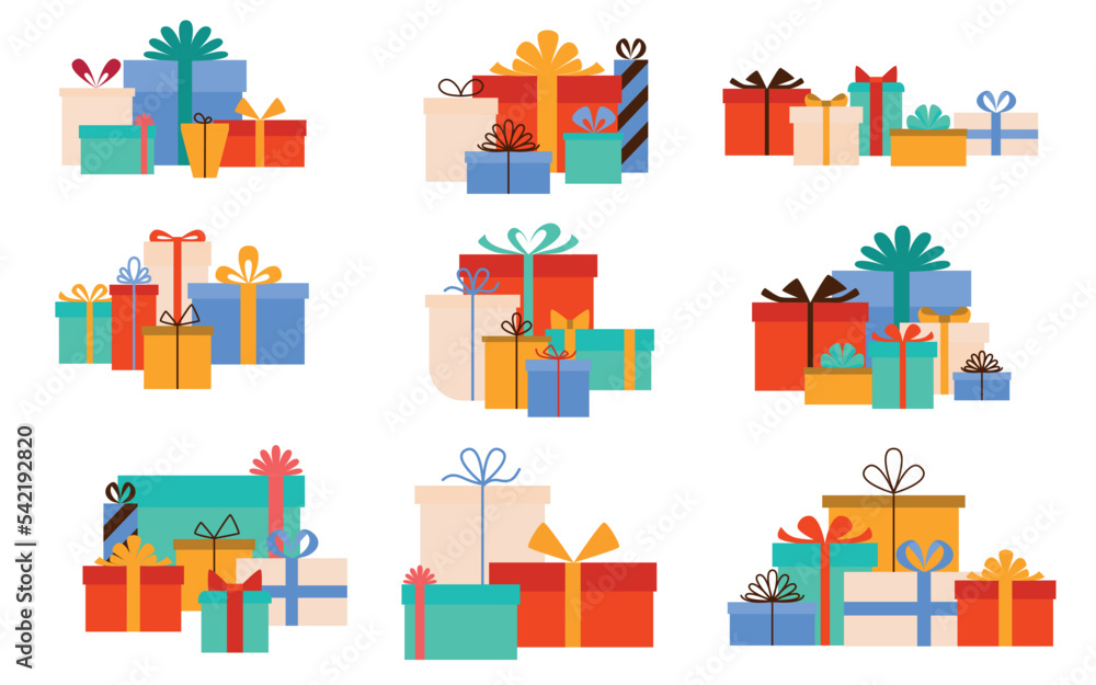 Collection of a groups of multi-colored gift boxes with bows. Vector illustration in modern flat style isolated on white background Collection of a groups of multi-colored gift boxes with bows. Vector illustration in modern flat style isolated on white background