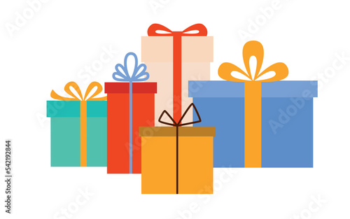 A group of multi-colored gift boxes with bows. Vector illustration in modern flat style isolated on white background
